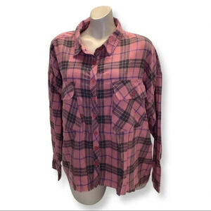 Winds Size 1X Crop Flannel Fringe Trim Button Down Top. New With Tags